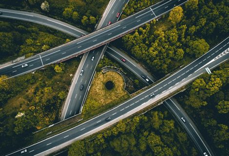 Interstates cut through swaths of forest.