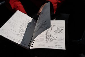 Hands turn pages of a sketch book with notes and illustrations.