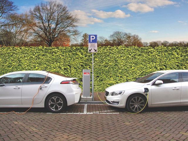 Two white electric vehicles are parked and connected to a charger with a green shrub behind them.