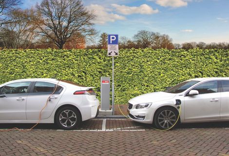 Two white electric vehicles are parked and connected to a charger with a green shrub behind them.