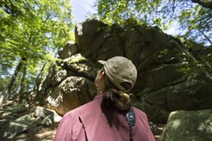 A female hiker looks up a tall granite rock face framed by a leafy canopy.