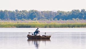 A man in a fishing boat on the water with hazy trees, a field, and tall water vegetation in the background.