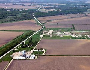 An aerial view of the farm that existed at Emiquon before restoration work began.