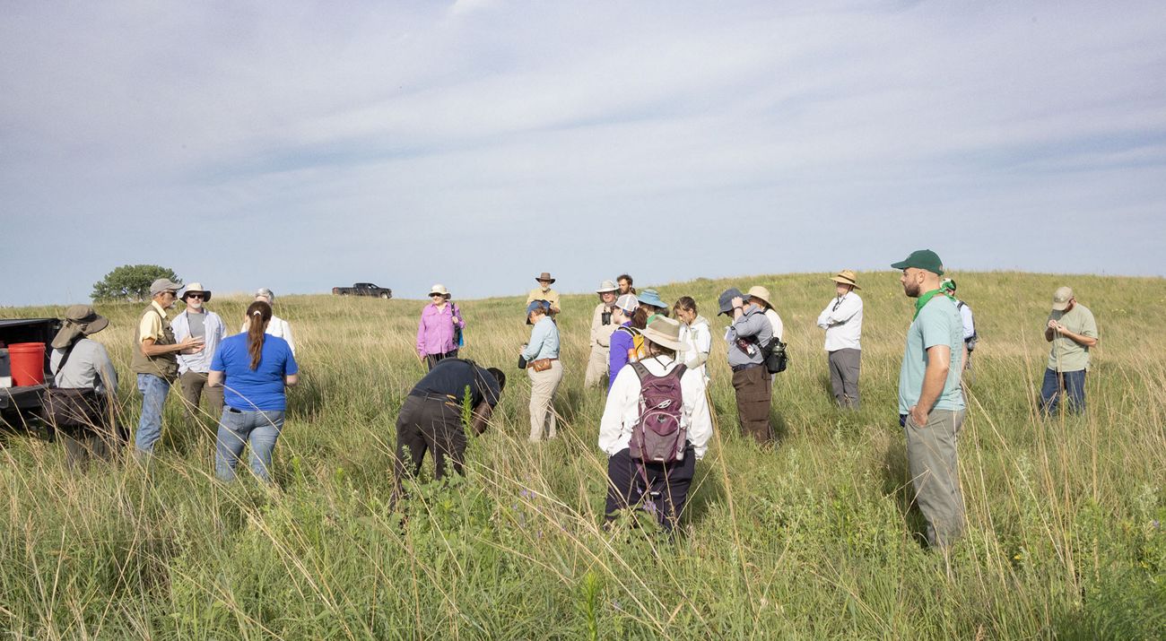 A group of people stand together on the prairie observing small mammals.