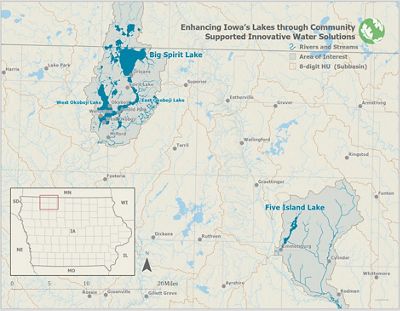 Map showing 2 lakes in northwest Iowa.