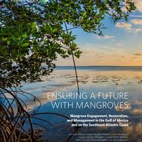 Cover of Ensuring a Future with Mangroves handbook showing a view looking out from a mangrove forest to a large, placid body of water.