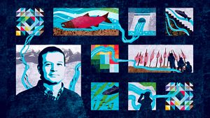 Illustration showing a patchwork quilt design that includes a man's portrait, salmon and flowing water.