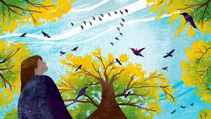 Illustration showing a woman with brown hair looking up at a blue sky and trees with green and yellow leaves with birds flying overhead.