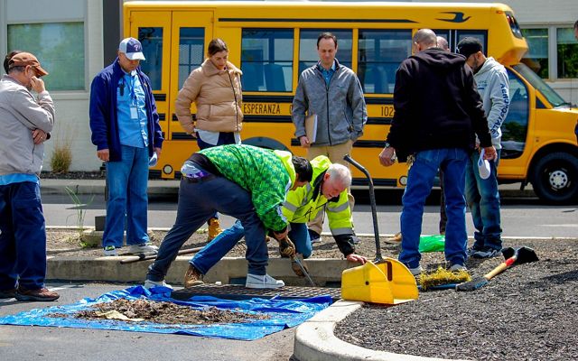 Several people gather around a storm drain in a parking lot, while one person lifts the drain cover.