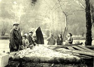 A historic photo of an eulachon stink box.