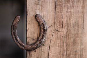 Herradura colgada en muro de estancia patagónica.