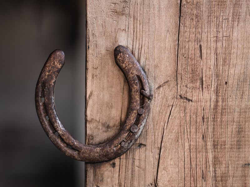 Herradura colgada en muro de estancia patagónica.