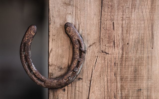Herradura colgada en muro de estancia patagónica.