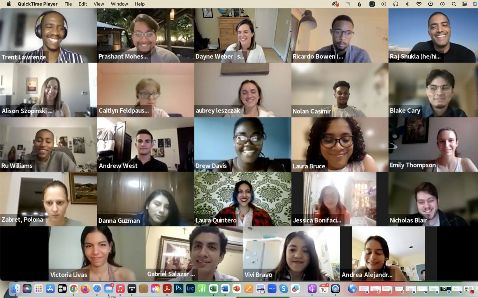 A screenshot of a Zoom meeting grid with smiling faces.