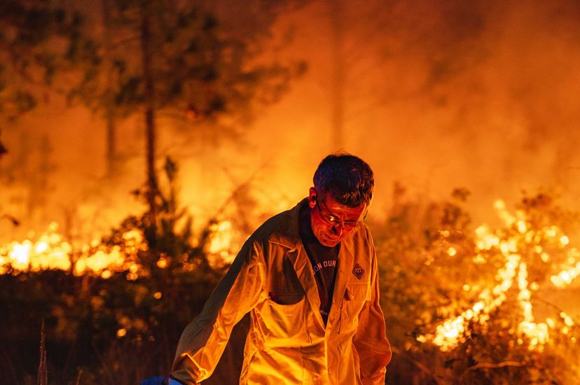 Jesse Wimberley oversees a controlled burn in the longleaf pine forest at Lighterwood Farm.