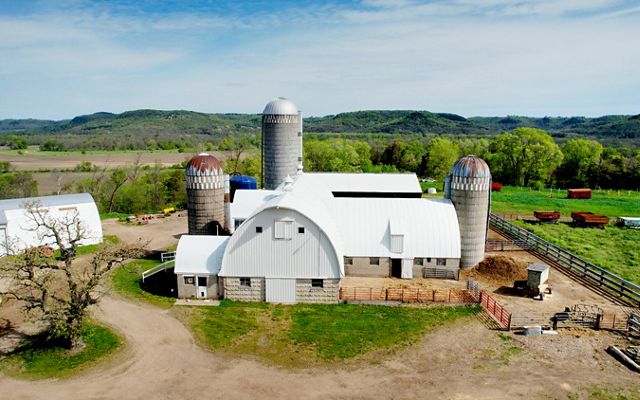 Aerial view of White Barn Acres Farm in southeastern Minnesota.