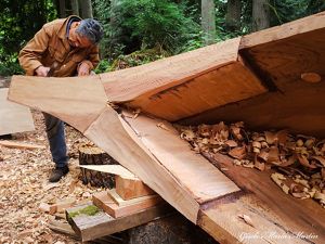 Man carving a canoe in the forest.