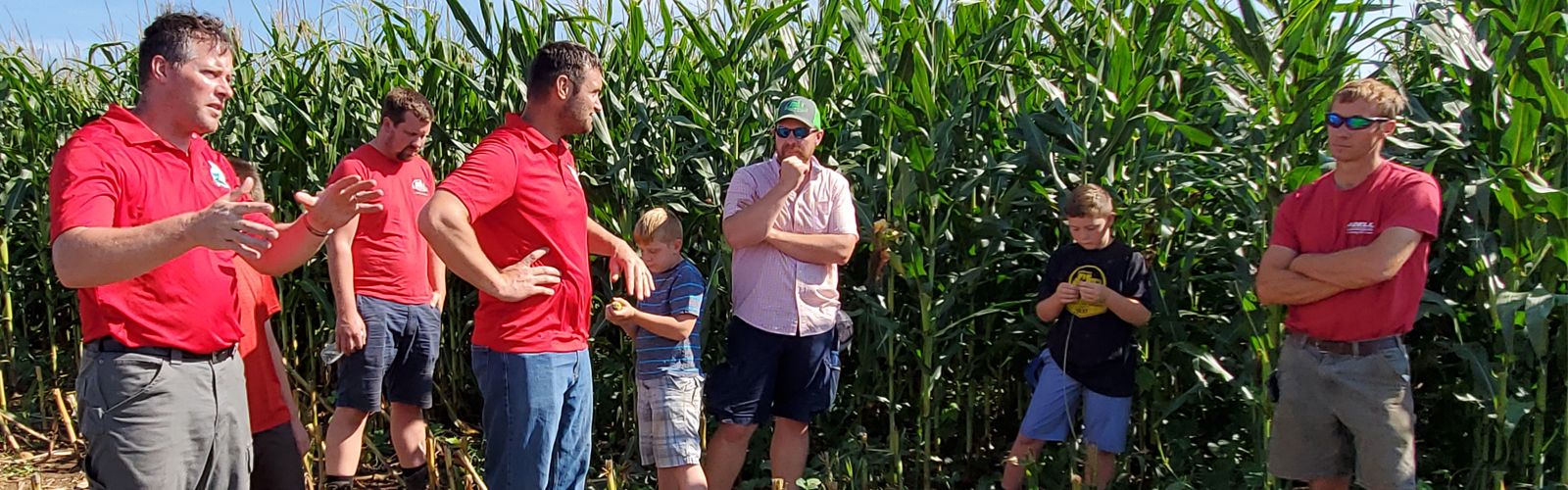 Several men and boys stand in an opening in a corn field, which has been partially harvested, listening to a man in a red shirt talk.