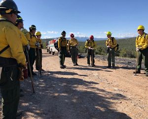 Several people in yellow prescribed fire gear and hardhats discuss plans.