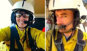Two photos combined together into one image. Selfies taken by a woman and a man from the inside a helicopter. They are each wearing white helmets.