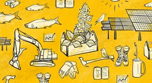 Illustrations over a yellow background. 