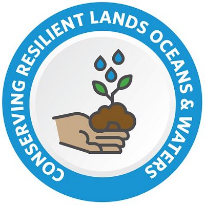 Icon for conserving resilient lands, oceans and waters, showing a graphic of a hand holding a lump of soil sprouting leaves and water droplets falling on it. 