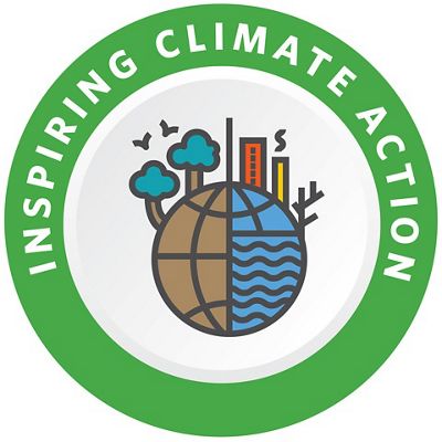 Icon for inspiring Climate Action, showing a graphic of the earth with trees and buildings on it.