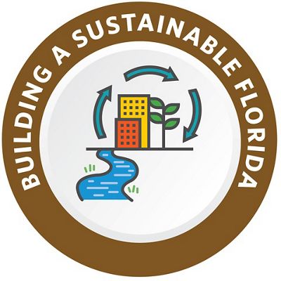 Icon for building a sustainable Florida, showing graphics of a river and city buildings. 