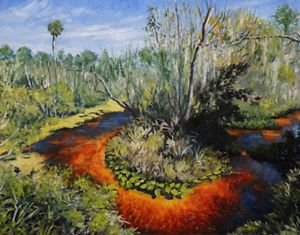 Watercolor painting of orange and brown creek bed winding through a palm forest.