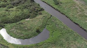 Aerial view of an oxbow next to a river.