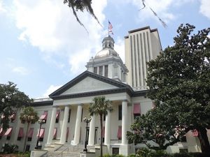 A view of the front columns of the Florida State Capitol in Tallahassee, Florida. 