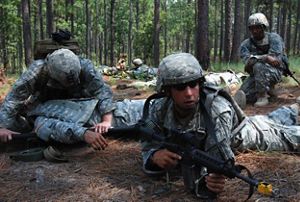 Soldiers crouch and lay prone on the ground during training exercises in a longleaf pine forest.