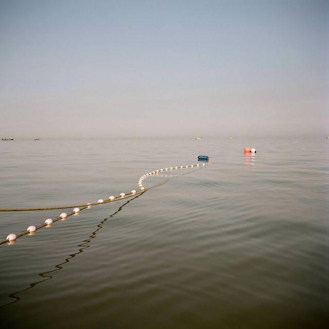 a rope with buoys on it floats on still gray water into the distance