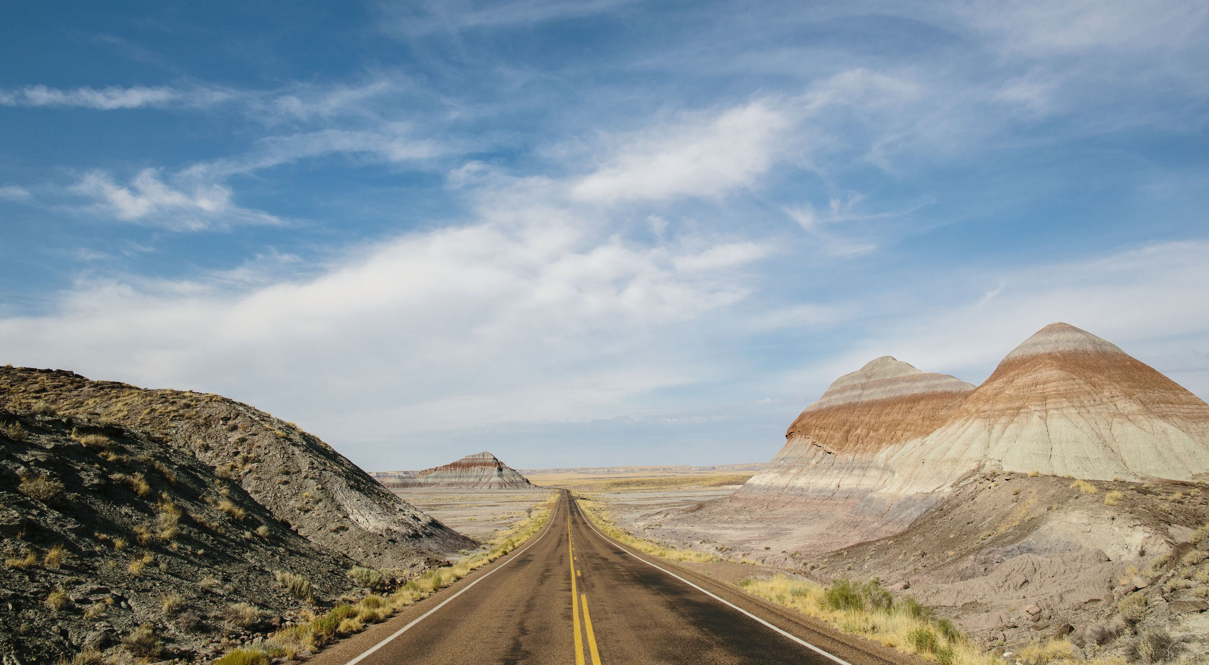 A view of the road through Petrified Forest National Park in Arizona.