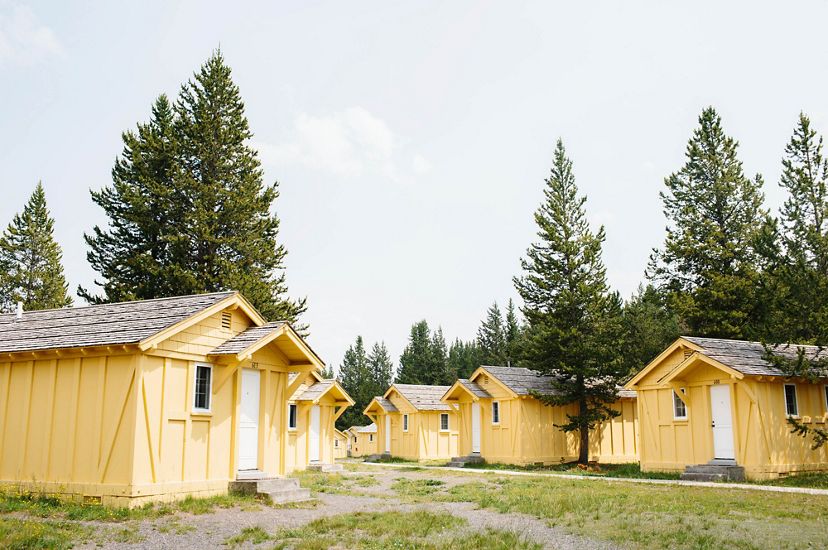 A group of yellow cottages with fir trees in the background.