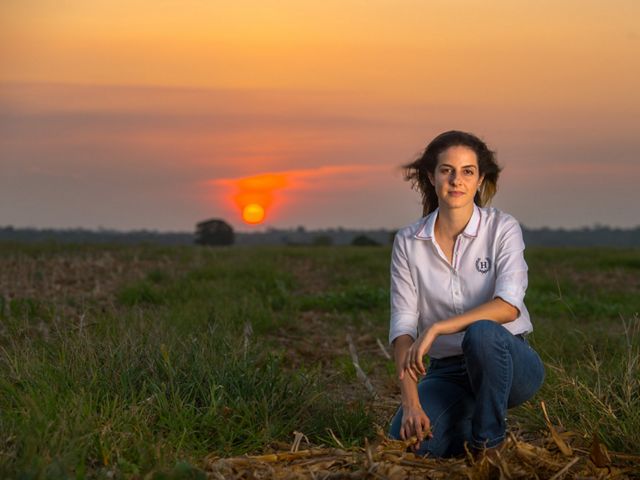 Maria Menouli kneels on her family's soy farm at sunset
