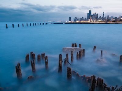 The city viewed from along the shore of Lake Michigan.