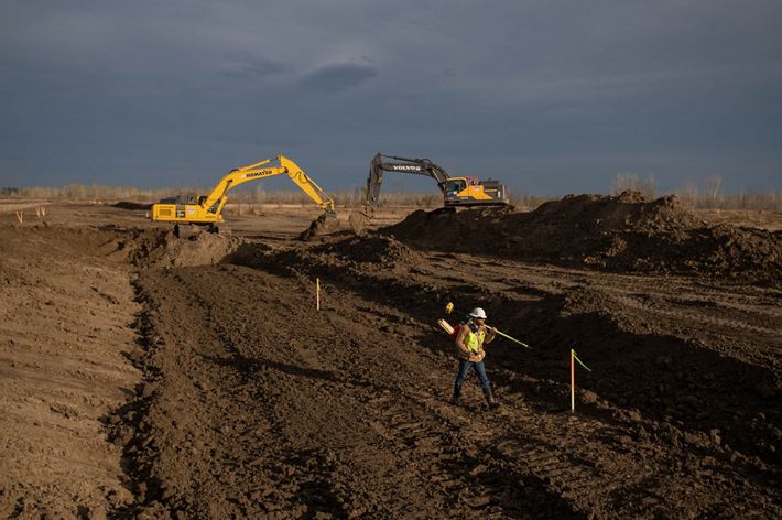Construction equipment builds levees.