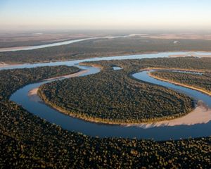 River with big bend surrounded by forests at sunrise.