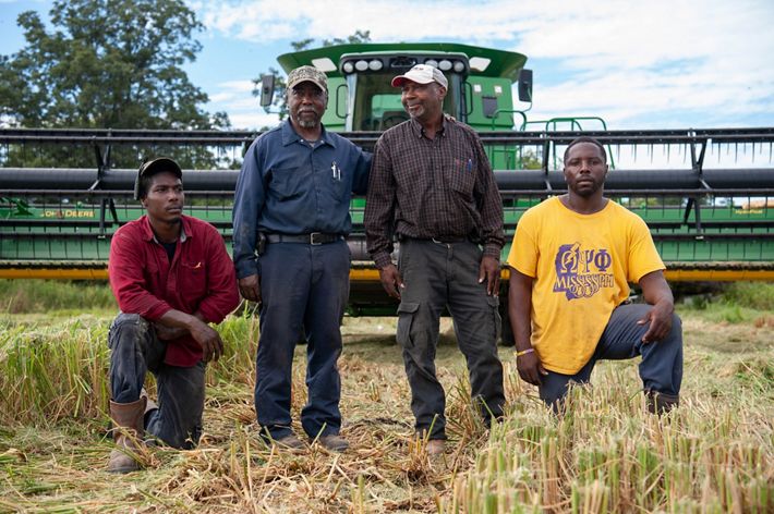 Four men pose near a fence on a farm.