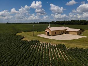 A small church is surrounded closely by agricultural fields.