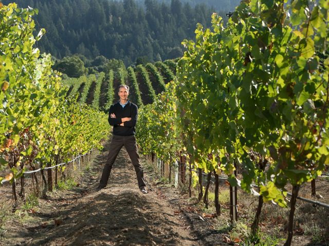 El vinicultor de California Garnaud Weyrich se encuentra entre filas de uvas de su viñedo.