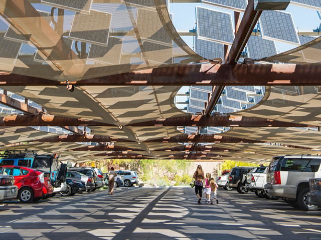 A solar installation in Las Vegas doubles as a shade structure for a parking area.
