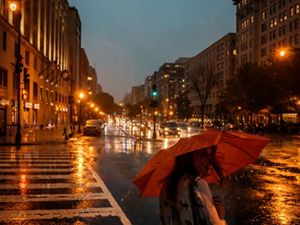 Una persona con un paraguas rojo cruza una calle de la ciudad por la noche.