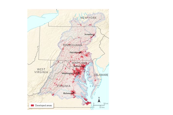A map of the Chesapeake Bay watershed shows developed areas.