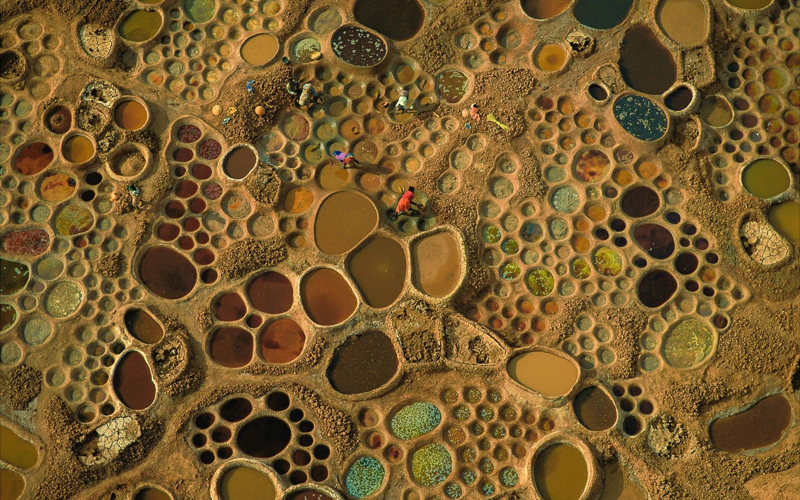 Clear as Mud A mosaic-like pattern is produced by salt-production pools tended by villagers for livestock in the Sahara Desert in Niger. Slurries end up different colors, depending on the mix of mud, algae and salt. © George Steinmetz