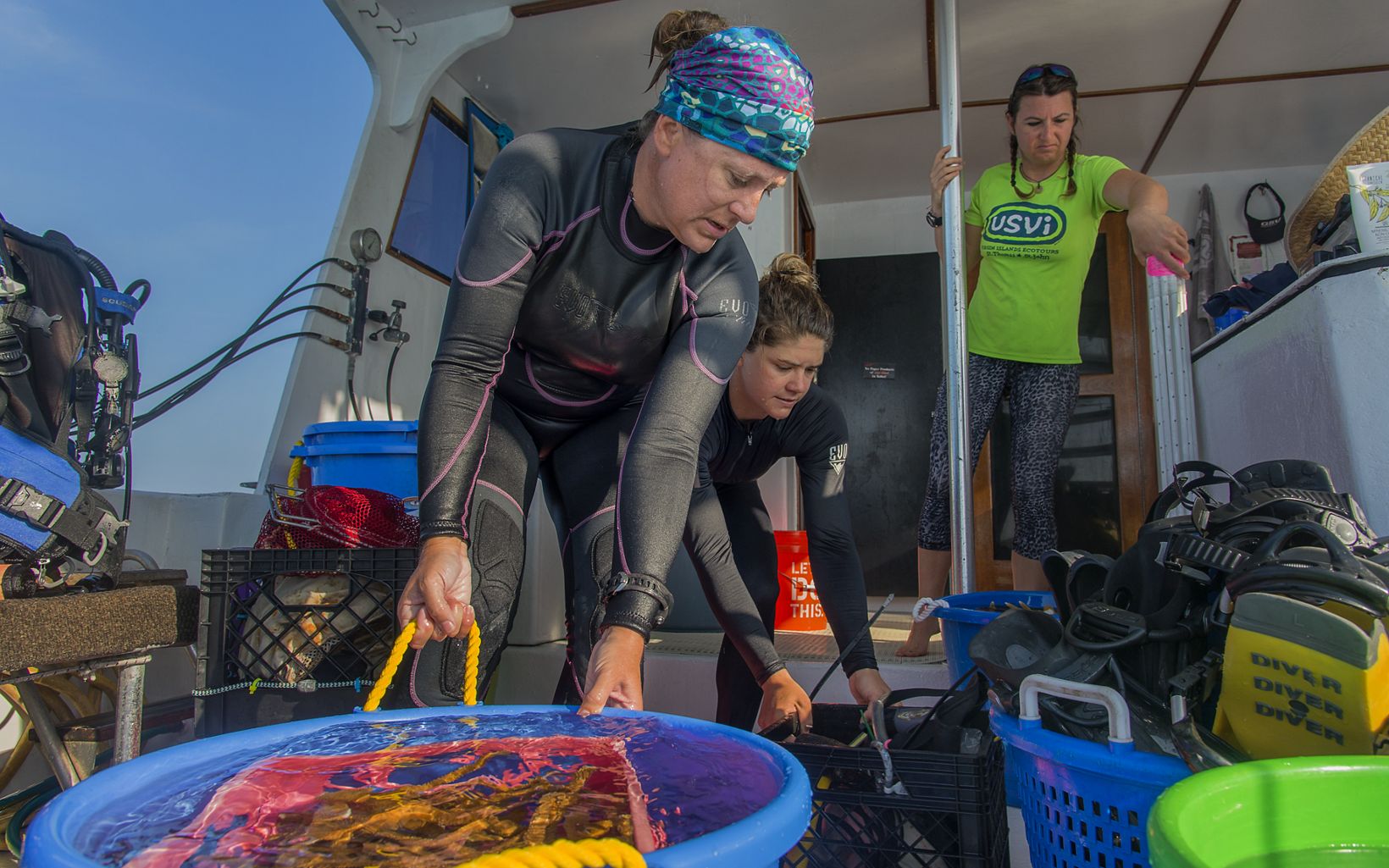 Stephanie Schopmeyer Una científica investigadora, mueve un cubo lleno de fragmentos de coral a la sombra en el barco del equipo mientras viajan de un de corales a un sitio de plantación. ©  Jennifer Adler