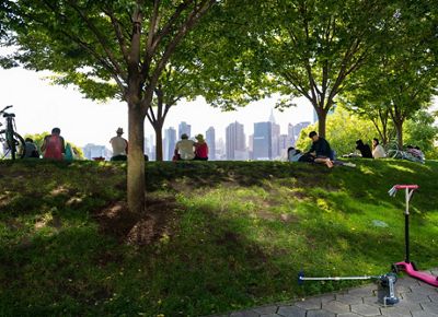 People sit under trees looking at the New York City skyline.