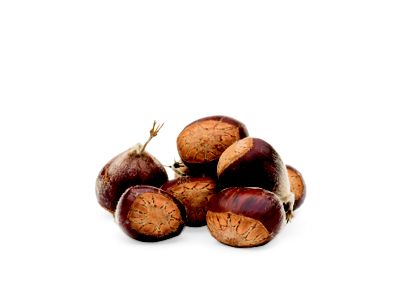 photo of several brown chestnuts photographed with a white background