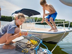 A girl on a dock examines oysters in an aquaculture cage, while a boy watches from a small motor boat moored to the dock.